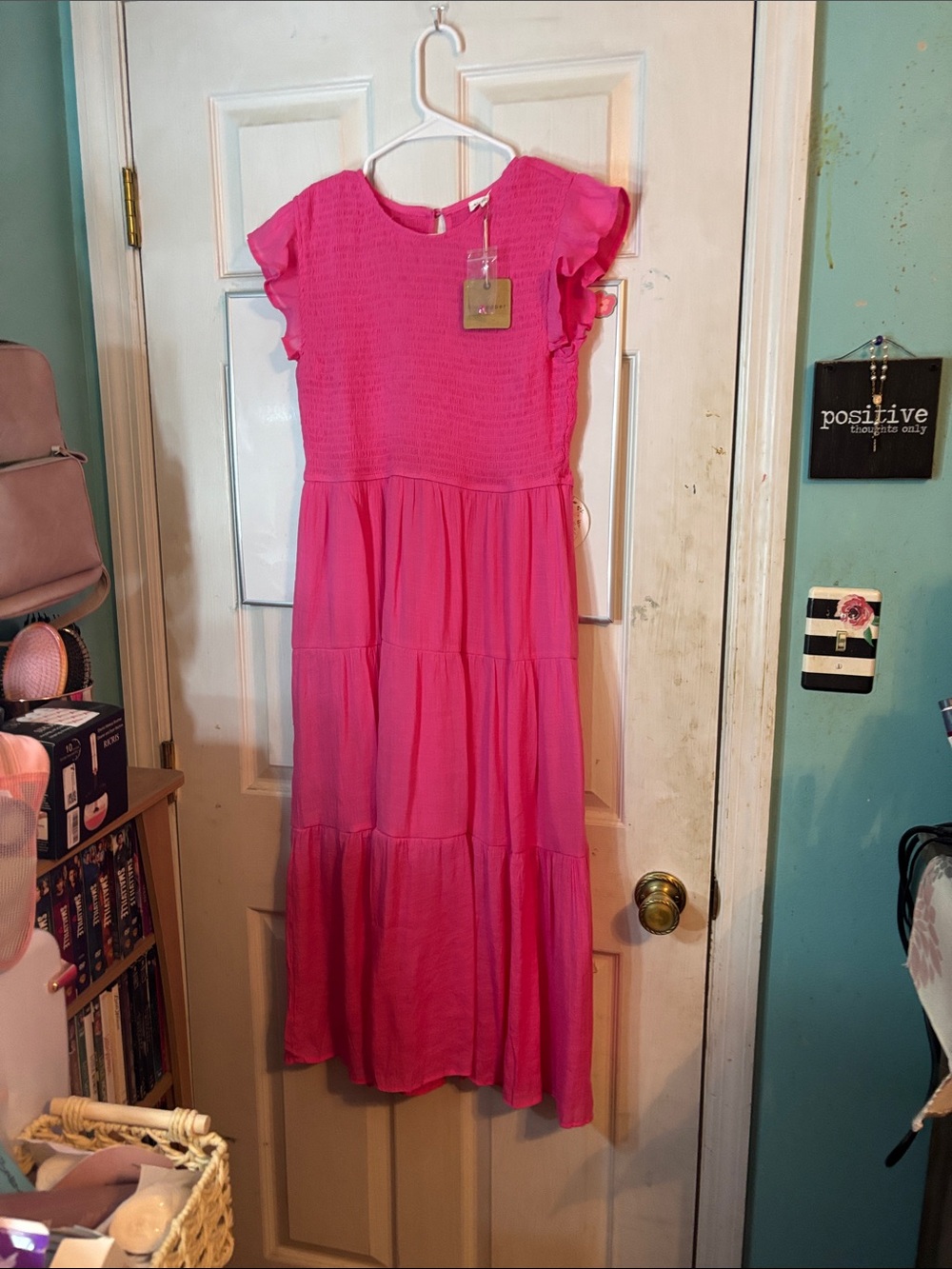 Blu Pepper Hot Pink Tiered Maxi Dress with Ruffle Sleeves Size Large